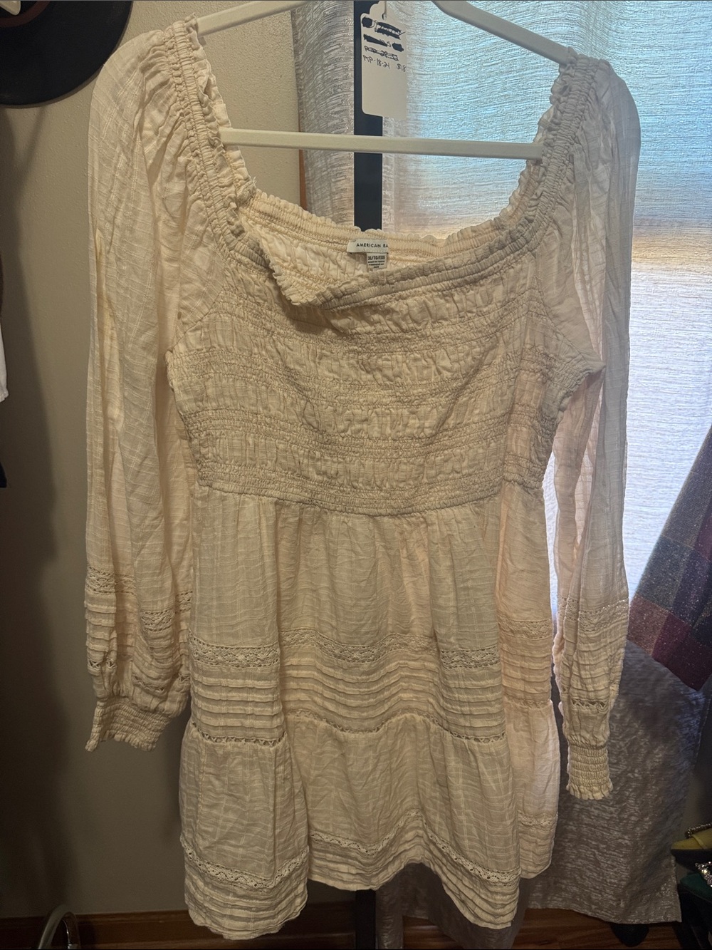 American Eagle Outfitters Cream Long-Sleeve Smocked Peasant Dress